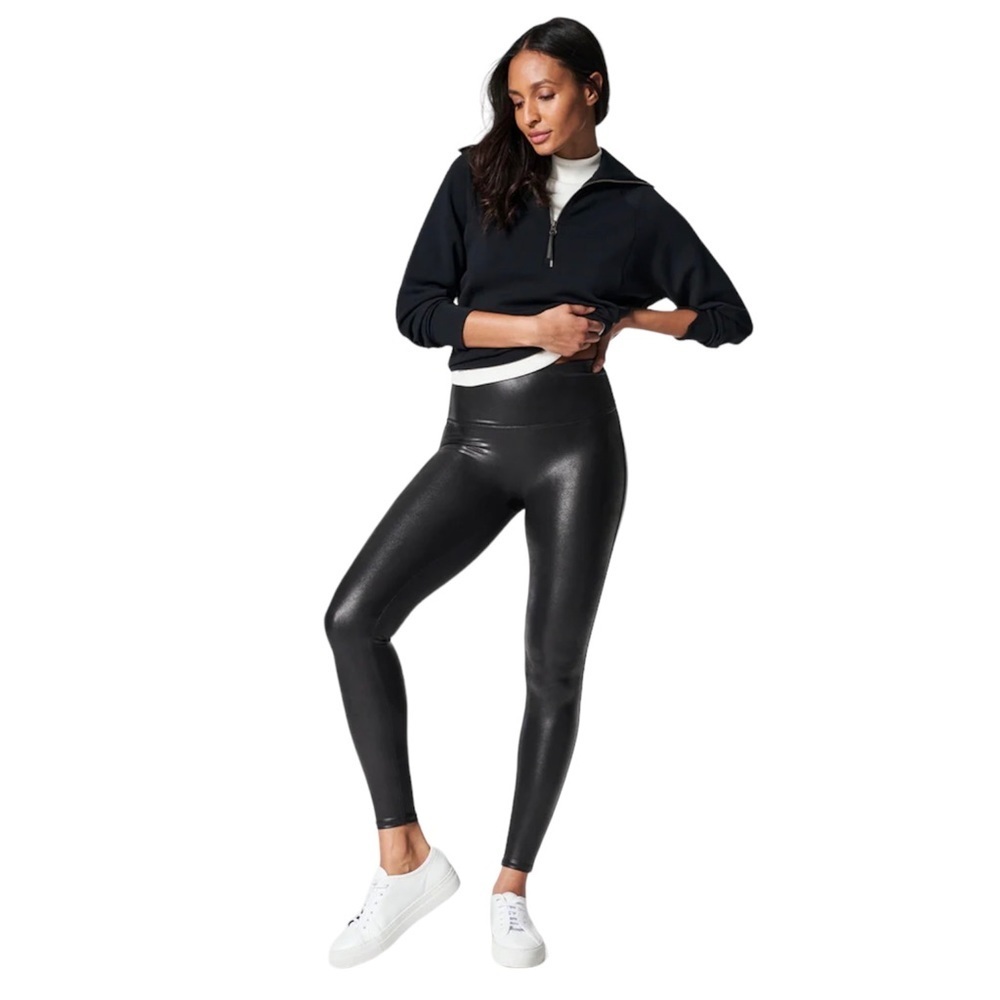 SPANX Faux Leather Leggings Black  Shaping Waistband Compressive Women's Size L